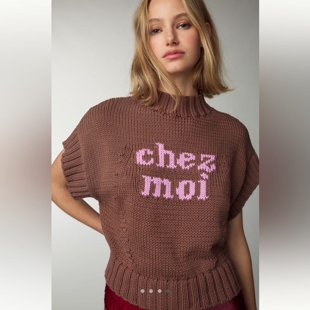 Maeve Brown Cowl Sweater with Pink Text - Size L